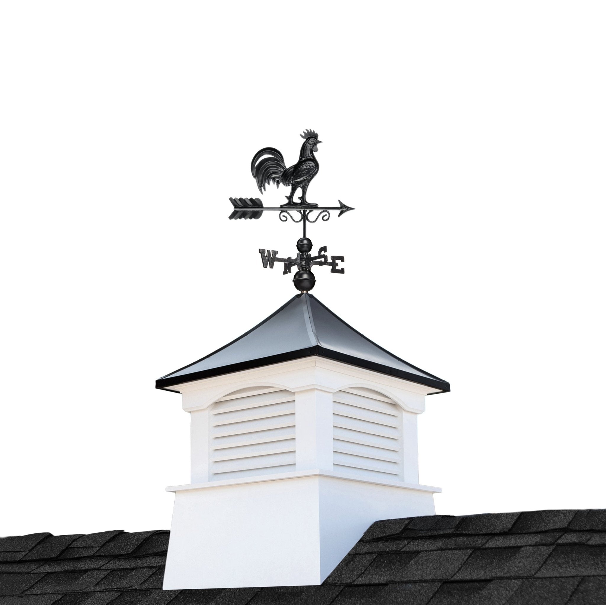30" Square Coventry Vinyl Cupola with Black Aluminum roof and Black Aluminum Rooster Weathervane by Good Directions - Good Directions