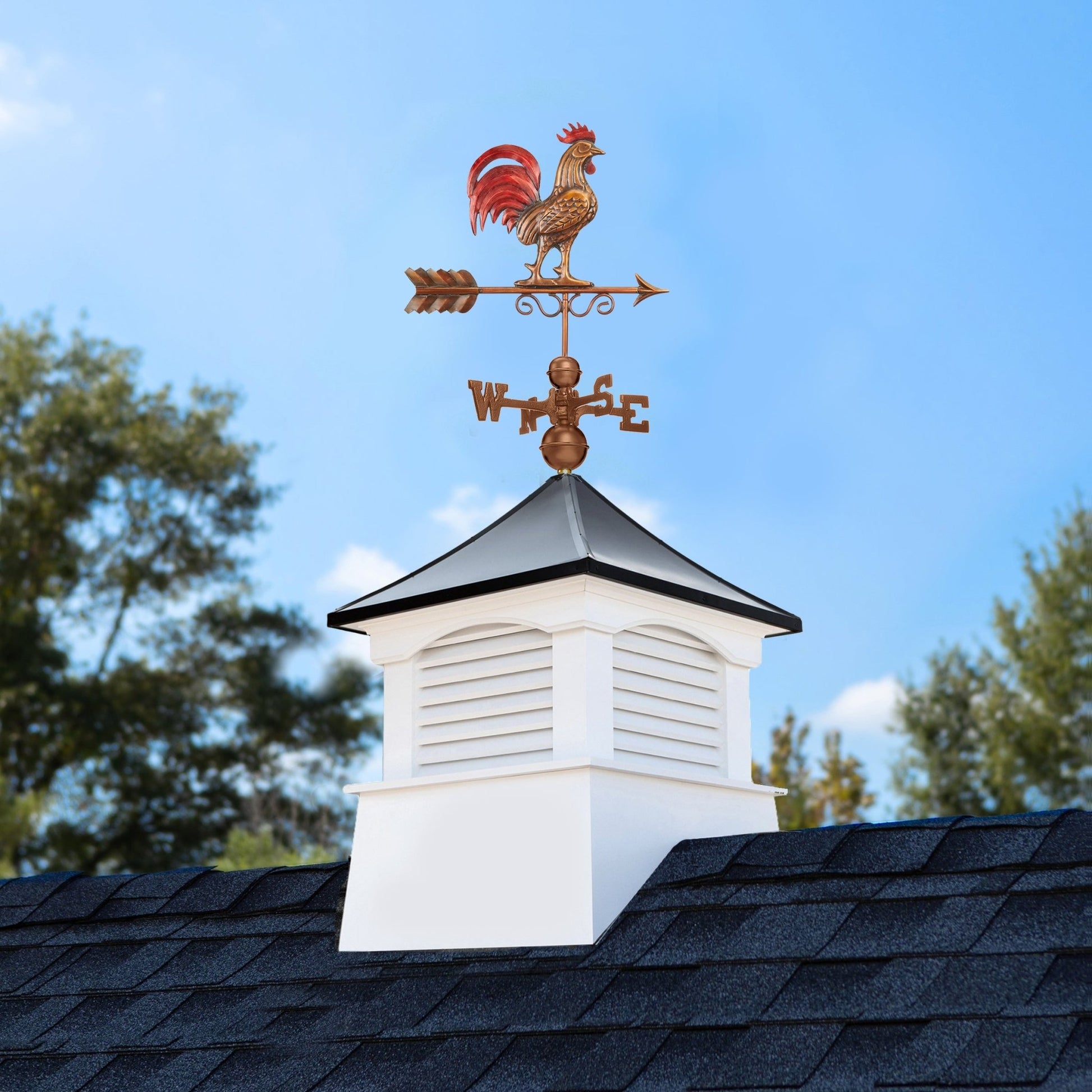 30" Square Coventry Vinyl Cupola with Black Aluminum Roof and Red Rooster Weathervane by Good Directions - Good Directions