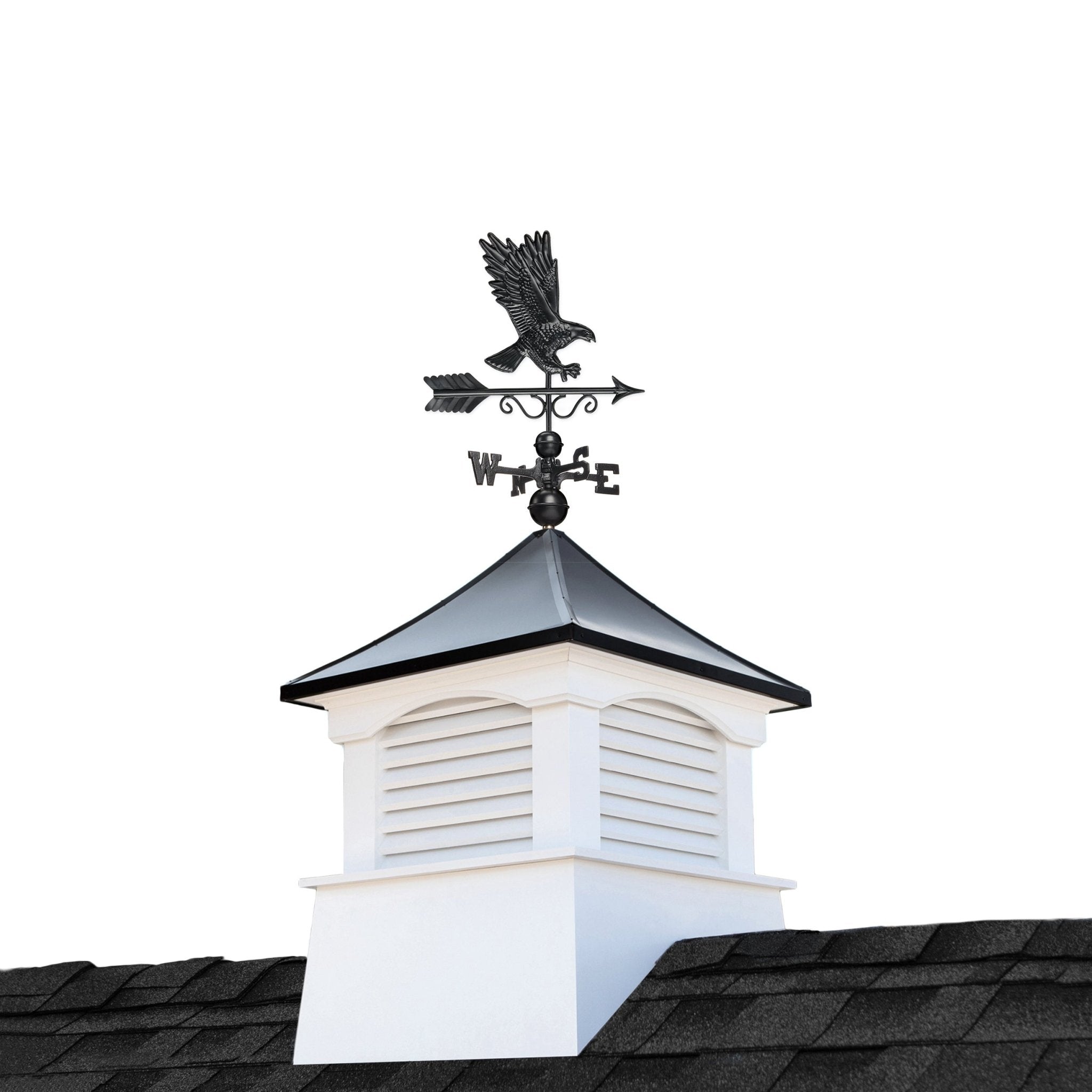30" Square Coventry Vinyl Cupola with Black Aluminum roof and Black Aluminum Eagle Weathervane - Good Directions