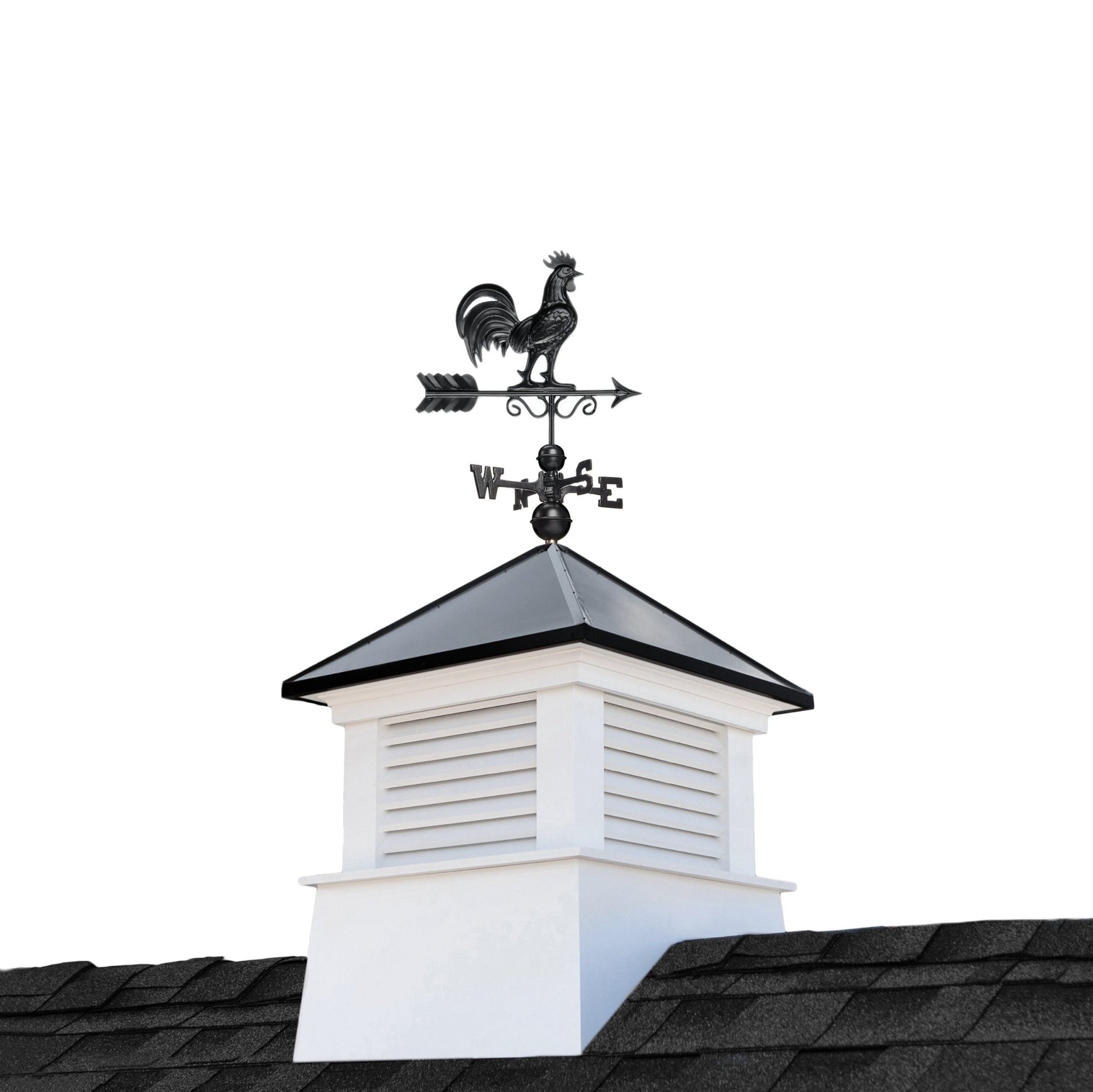 30" Square Manchester Vinyl Cupola with Black Aluminum roof and Black Aluminum Rooster Weathervane - Good Directions