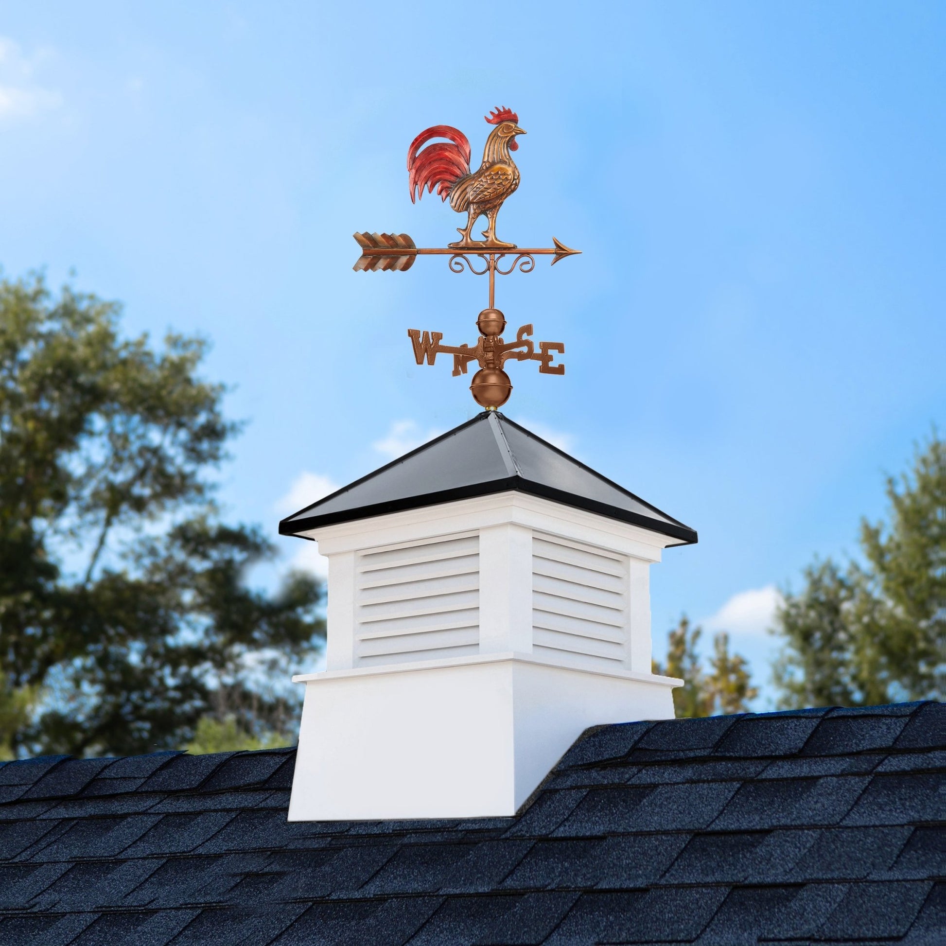 30" Square Manchester Vinyl Cupola with Black Aluminum Roof and Red Rooster Weathervane by Good Directions - Good Directions