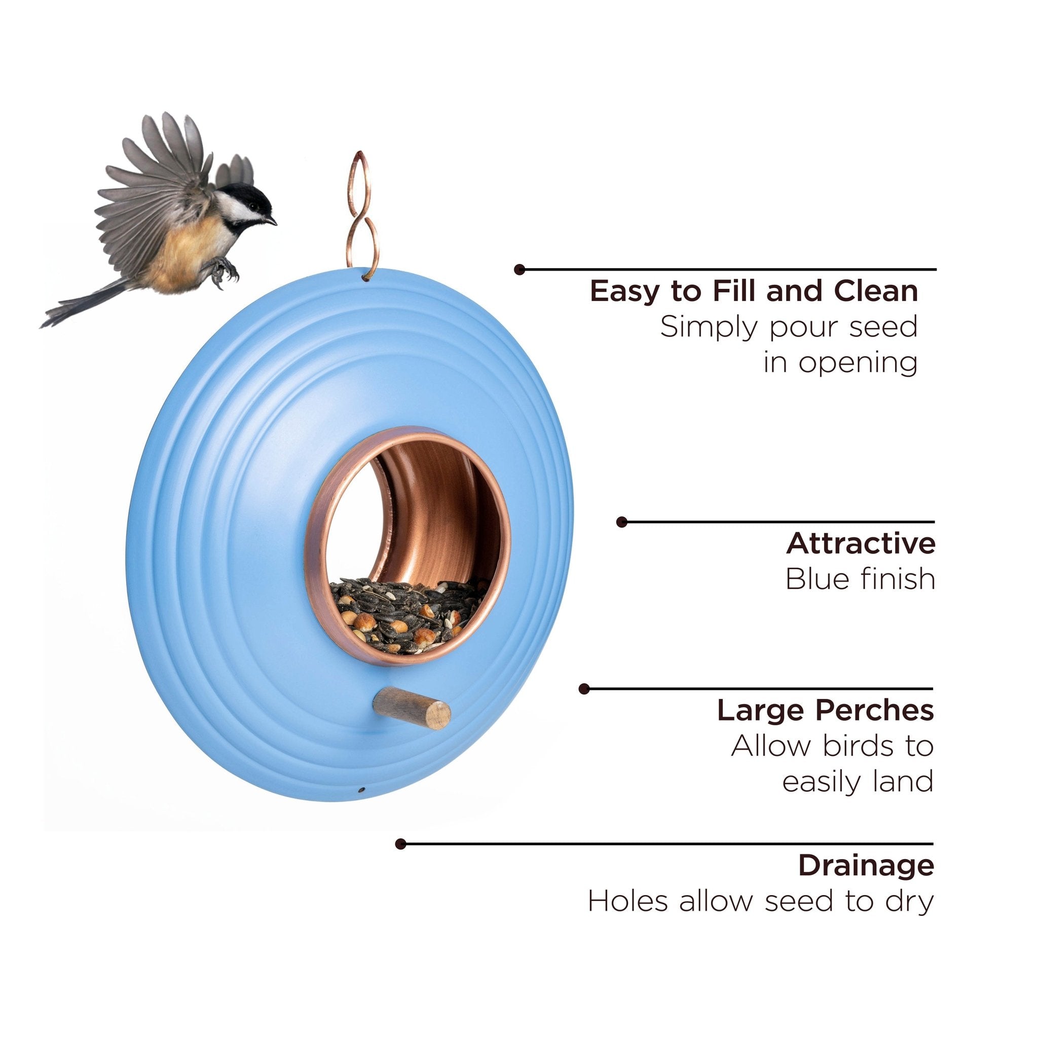 Azure Fly-Thru™ Bird Feeder, Copper Accents, Multiple Perches - Good Directions