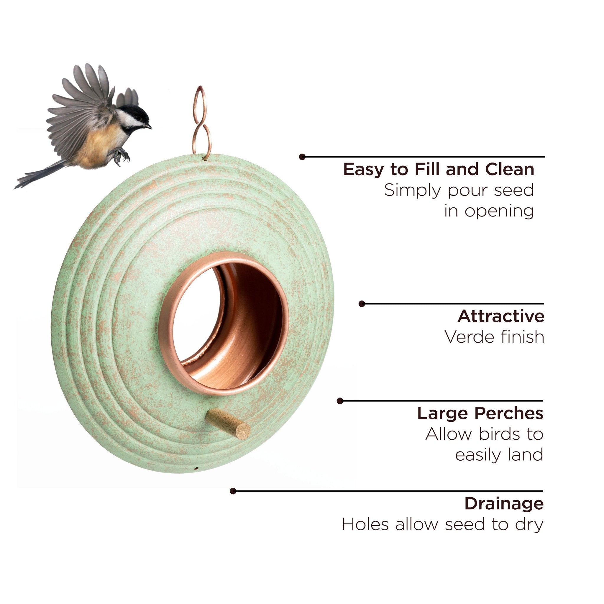 Verde Fly-Thru ™ Bird Feeder, Copper Accents, Multiple Perches - Good Directions